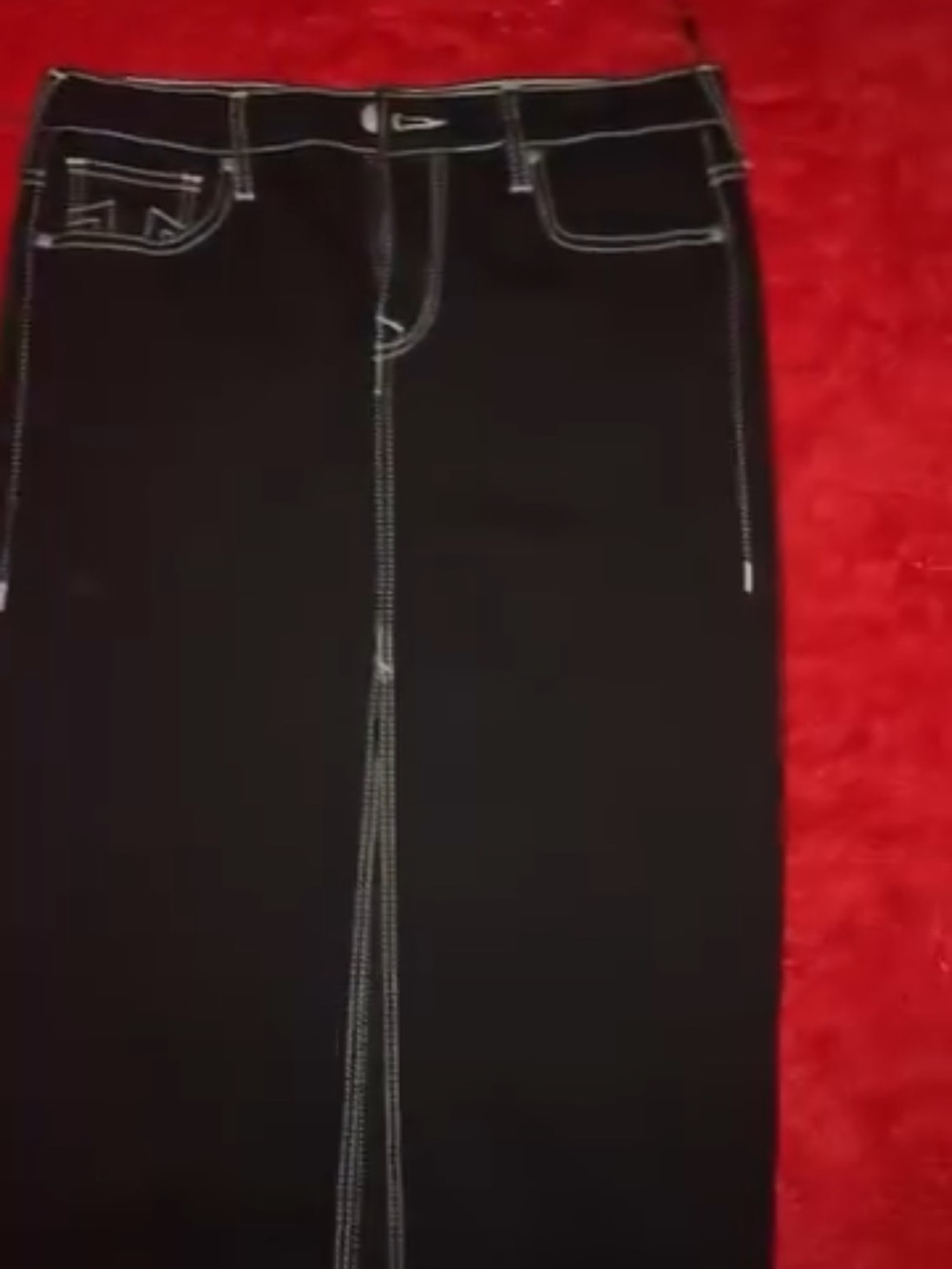 True Religion Black Maxi Denim Skirt with White Contrast Stitching